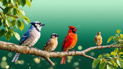 National Bird Day, Emerald green to soft mint gradient banner, colorful songbird perched on branch with leaves moving slightly