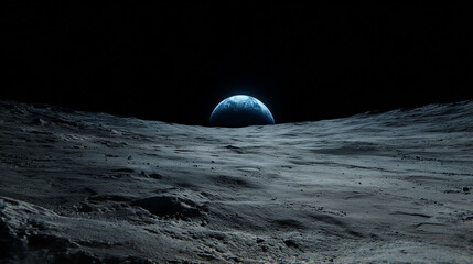 Moon Surface and earth | Cinematic extreme wide shot of the moon surface, gray cratered lunar dust. In the pitch black sky, a bright blue Earth hangs in the distance.