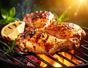 Close-up of grilled chicken drumsticks, lemon, rosemary, and fire