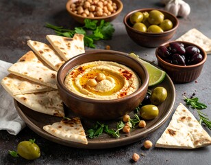 Close-up of hummus with garnishes and pita bread on a platter