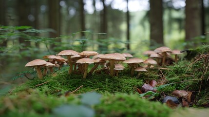 acculturation. Mushrooms growing on forest floor among moss and leaves under sunlight. gardening catalogs, home-decor guides, designed for gardening and botanical catalogs, celebrates nature.
