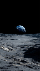 Moon Surface and earth | Cinematic extreme wide shot of the moon surface, gray cratered lunar dust. In the pitch black sky, a bright blue Earth hangs in the distance.
