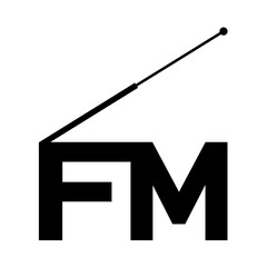 Bold FM radio tower communication icon in black and white style