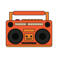 Cartoon boombox illustration in orange tones featuring a fun retro design