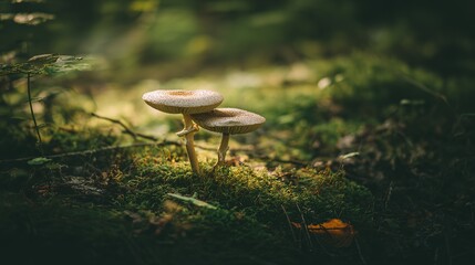 acculturation. Mushrooms growing on forest floor among moss and leaves under sunlight. gardening catalogs, home-decor guides, designed for gardening and botanical catalogs, celebrates nature.