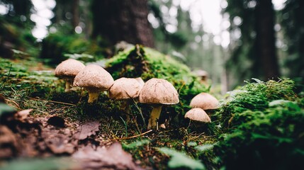 acculturation. Mushrooms growing on forest floor among moss and leaves under sunlight. gardening catalogs, home-decor guides, designed for gardening and botanical catalogs, celebrates nature.