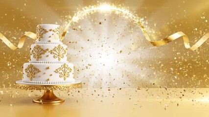 birthday banner, elegant birthday ribbon animation, sparkling particles falling slowly, luxury cake with gold accents