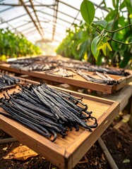 Close-up of vanilla beans drying in a greenhouse, sunlight streaming