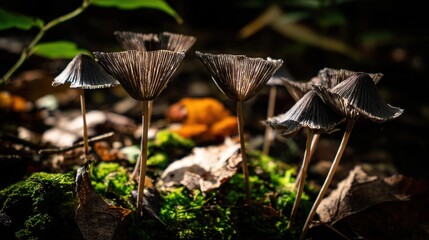 acculturation. Mushrooms growing on forest floor among moss and leaves under sunlight. gardening catalogs, home-decor guides, designed for gardening and botanical catalogs, celebrates nature.