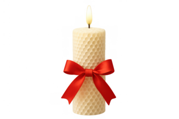 Beeswax candle with a lit flame and honeycomb texture, tied with a decorative red bow, providing warmth and comfort