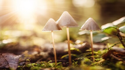 acculturation. Mushrooms growing on forest floor among moss and leaves under sunlight. gardening catalogs, home-decor guides, designed for gardening and botanical catalogs, celebrates nature.