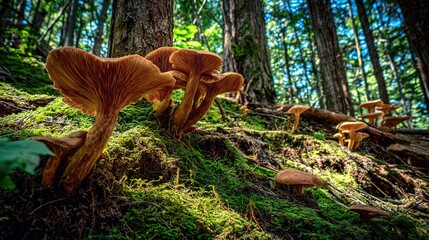 acculturation. Mushrooms growing on forest floor among moss and leaves under sunlight. gardening catalogs, home-decor guides, designed for gardening and botanical catalogs, celebrates nature.