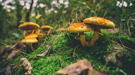 acculturation. Mushrooms growing on forest floor among moss and leaves under sunlight. gardening catalogs, home-decor guides, designed for gardening and botanical catalogs, celebrates nature.