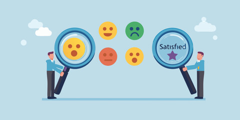 Customer feedback analysis with magnifying glass and smiley faces illustration