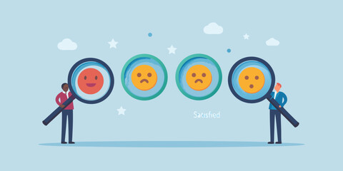 Customer satisfaction survey feedback with magnifying glass and diverse people