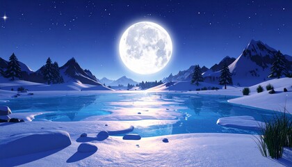 A breathtaking full moon illuminates a serene winter landscape featuring snow-covered mountains and a reflective frozen lake under a starry night sky.