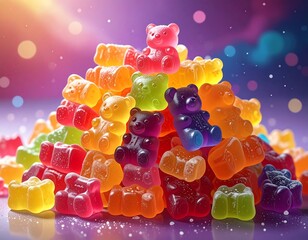 Colorful gummy bears stacked in a pyramid shape with a blurred background