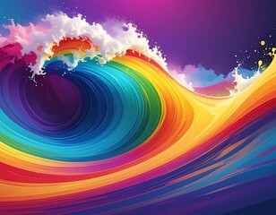 Colorful wave cresting with rainbow hues and cascading foamy white water