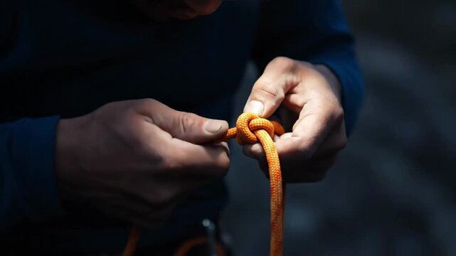 Close-up of hands tying rope knot; adventure, climbing, safety, secure, outdoor, and expertise.