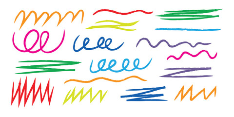 Hand drawn colorful curved lines and scribbles. Bright color marker strokes and design elements symbol. vector illustration.