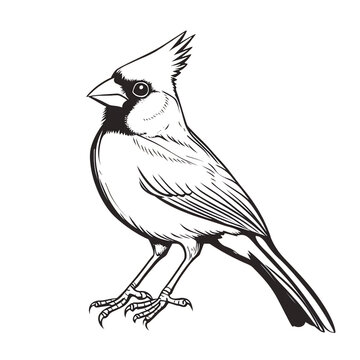 Detailed line art illustration of a cardinal bird perched elegantly showcasing its distinct crest and beak isolated on transparent background