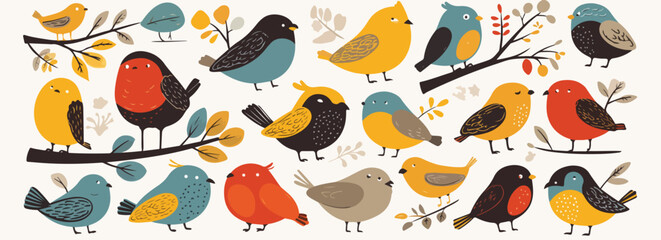 Fototapeta premium 다양한 색상과 귀여운 스타일의 작은 새 일러스트레이션 모음, 나뭇가지 위에 앉아있는 모습.