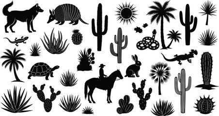 Silhouette collection of desert animals plants and a cowboy on horseback on white background cactus