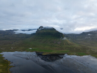 Aerial View of Mountains near Grundarfjörður in Iceland at Sunset