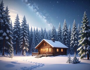 Cozy wooden cabin nestled in a snowy forest under a starlit night