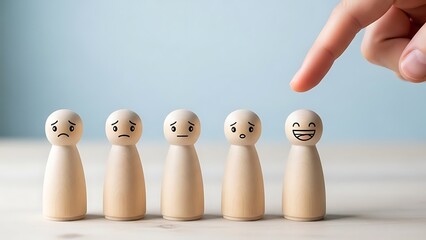 A hand selects a happy figurine from a row of wooden dolls with different facial expressions on a light-colored surface