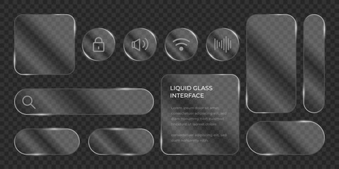 3D Liquid glass smartphone interface isolated. UI UX light frame rounded square and circle elements with a glow stroke. Collection design widget for smartphone and web app.
