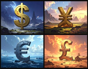 Four majestic currency symbols placed in dramatic landscape settings