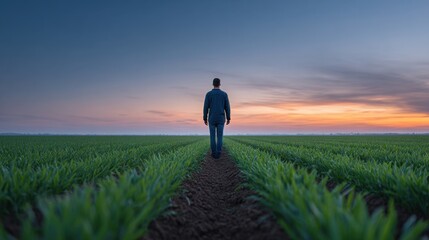 Fototapeta premium Farmer Walking Through Green Crop Field at Dusk, Silhouette Against Colorful Sunset Sky