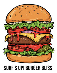 Gourmet Double Cheeseburger Art.Juicy Stacked Patty Vector.Retro Fast Food Illustration.Big Burger Hand Drawn Style.Delicious Vintage Sandwich