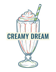 Classic Milkshake Dessert Vector.Retro Creamy Dream T-shirt Graphic.Vintage Diner Style Milkshake Art.Ice Cream Float Illustration.Whipped Cream Sunda