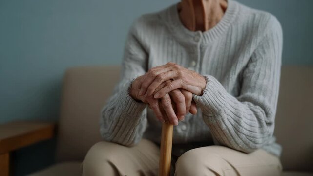 Senior woman resting hands on cane, elderly care and health