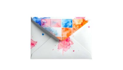A white envelope adorned with watercolor splashes and a square patchwork of colorful squares. The background is solid black