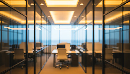 Gentle ceiling lights cast a warm glow along a contemporary office hallway lined with reflective glass panels, guiding the view toward a spacious and bright working area.