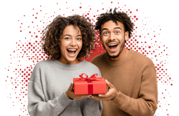 Excited couple happy man smiling woman red gift ribbon box surprise present celebration dotted halftone polygon burst festive mood Joyful excited couple with red gift ribbon box, isolated