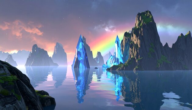 A breathtaking fantasy landscape featuring glowing blue crystal formations rising from a tranquil lake under a vibrant rainbow sky. - Powered by Adobe