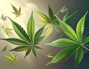 Digitally created illustration of multiple cannabis leaves, various shades
