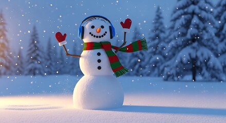 Fototapeta premium Happy Snowman Wearing Headphones and Mittens in Snowy Forest.