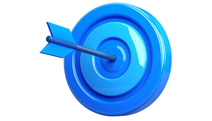 A 3D rendered image features a light-blue bullseye with a matching arrow. The arrow is perfectly centered. The background is black