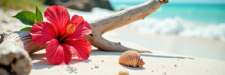 Sun-bleached driftwood, vibrant hibiscus, seashells on white sand , floral, warm, shells