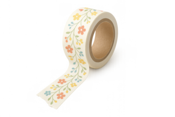 Washi tape roll featuring a vibrant floral pattern, crafting supplies for creative projects, scrapbooking, and decoration on transparent background