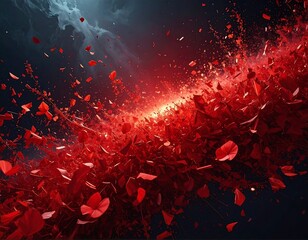 Dramatic abstract of red petals bursting from a central point