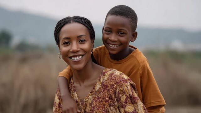 Happy African Mother and Son Smiling Outdoors on Natural Background