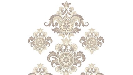 A classic damask pattern featuring sophisticated floral medallions and scrolling foliage in a muted color palette on a white background