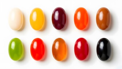 Assortment of colorful jelly beans sweet candy collection isolated on white background for confectio