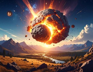 Dramatic view of planet-sized fiery explosion over a landscape